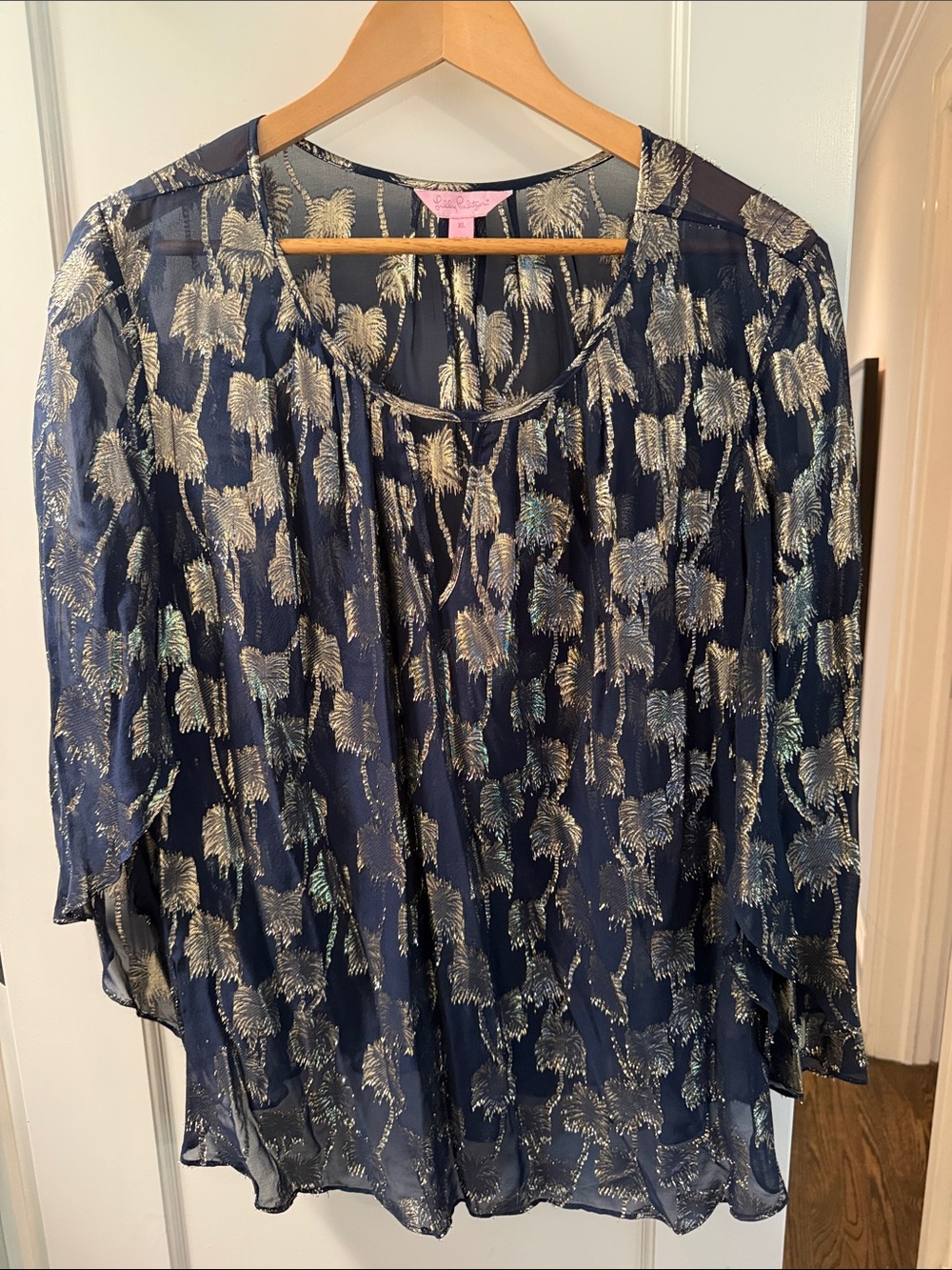Lilly Pulitzer XL Navy Blue Sheer Blouse with Gold Metallic Palm Print